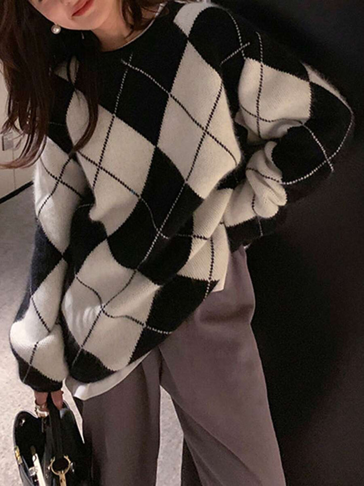Women's Argyle Sweater, Crew Neck Drop Shoulder Knit Pullover