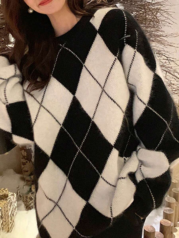 Women's Argyle Sweater, Crew Neck Drop Shoulder Knit Pullover