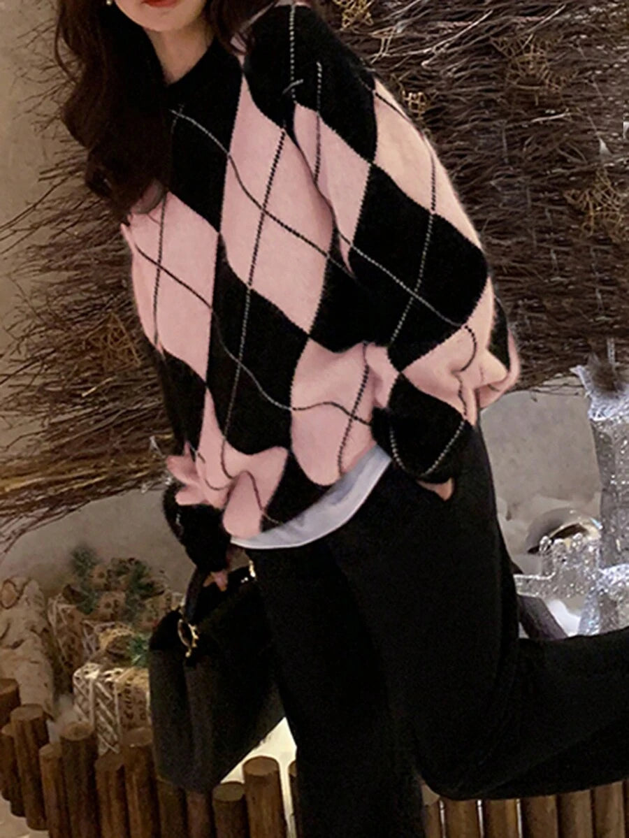 Women's Argyle Sweater, Crew Neck Drop Shoulder Knit Pullover