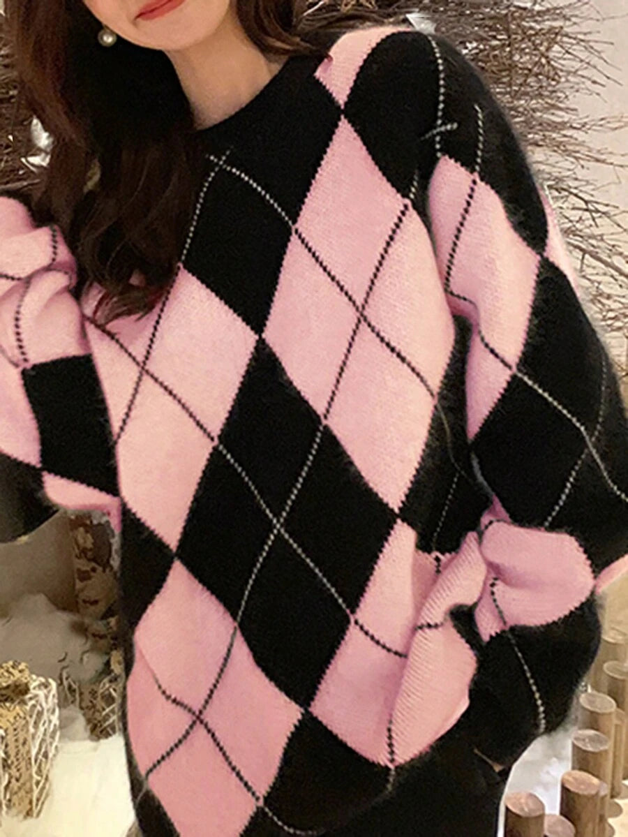 Women's Argyle Sweater, Crew Neck Drop Shoulder Knit Pullover