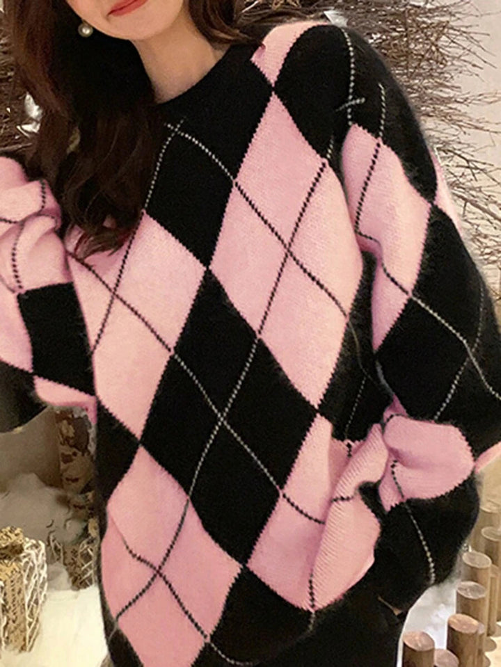 Women's Argyle Sweater, Crew Neck Drop Shoulder Knit Pullover