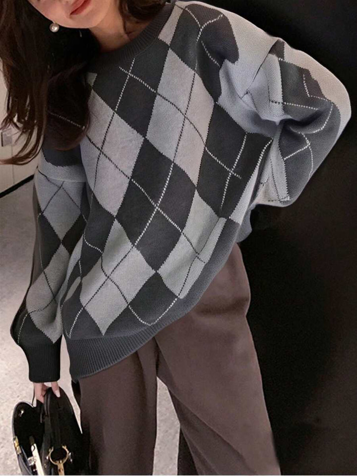 Women's Argyle Sweater, Crew Neck Drop Shoulder Knit Pullover