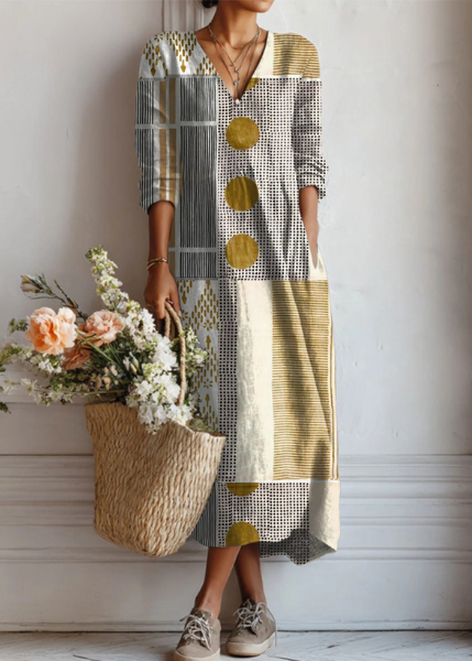 Women's Geometric Print Linen Midi Dress with Pockets in Multicolor