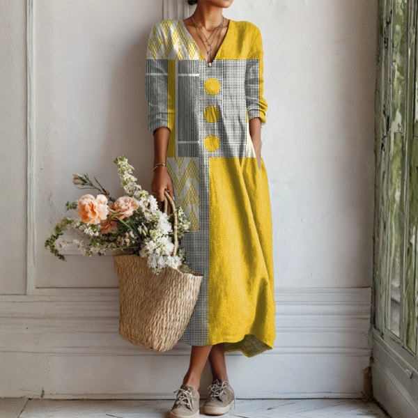 Color-Block Print Linen Maxi Dress with Pockets in Multicolor