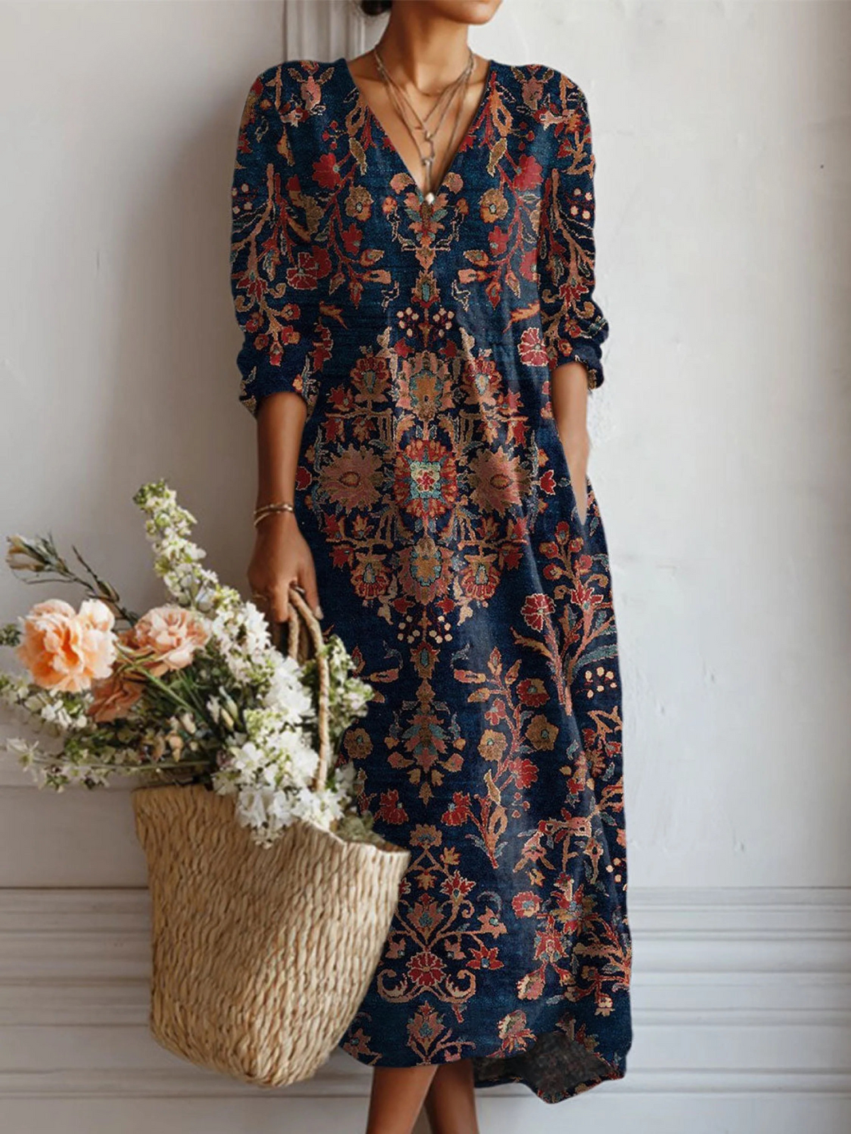 Women's Ornate Floral Maxi Dress with Side Pockets in Multicolor