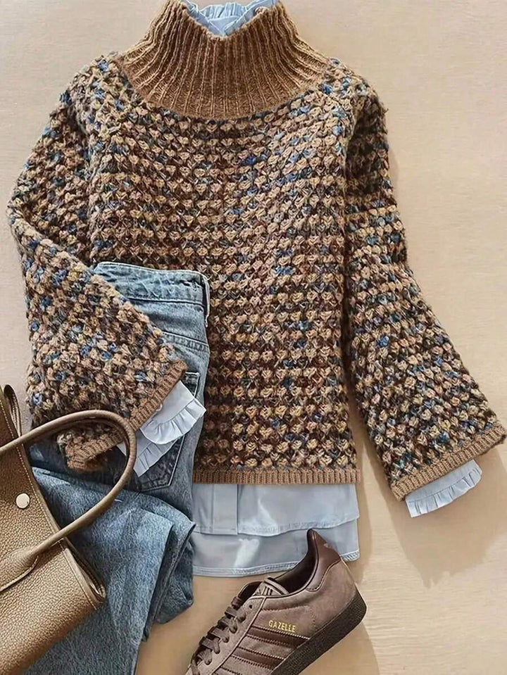 Women's Waffle Knit Sweater, Mock Neck Drop Shoulder Pullover