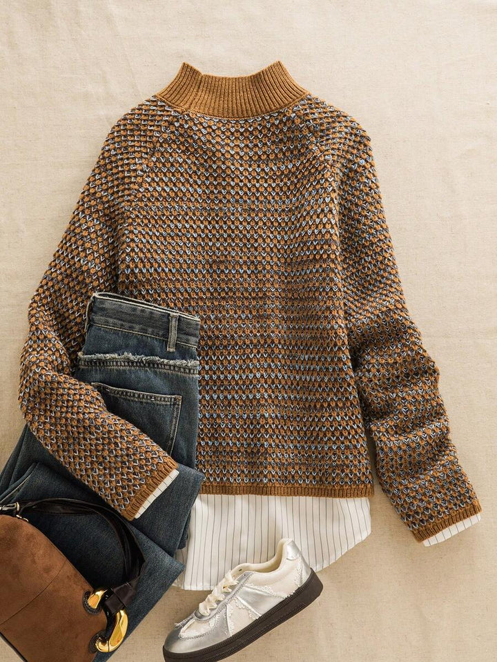 Women's Waffle Knit Sweater, Mock Neck Drop Shoulder Pullover