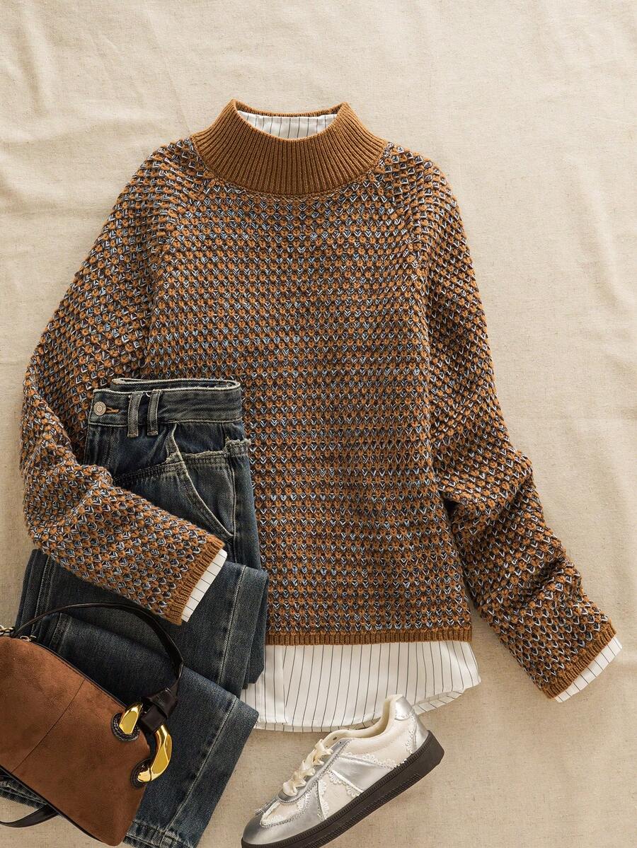 Women's Waffle Knit Sweater, Mock Neck Drop Shoulder Pullover