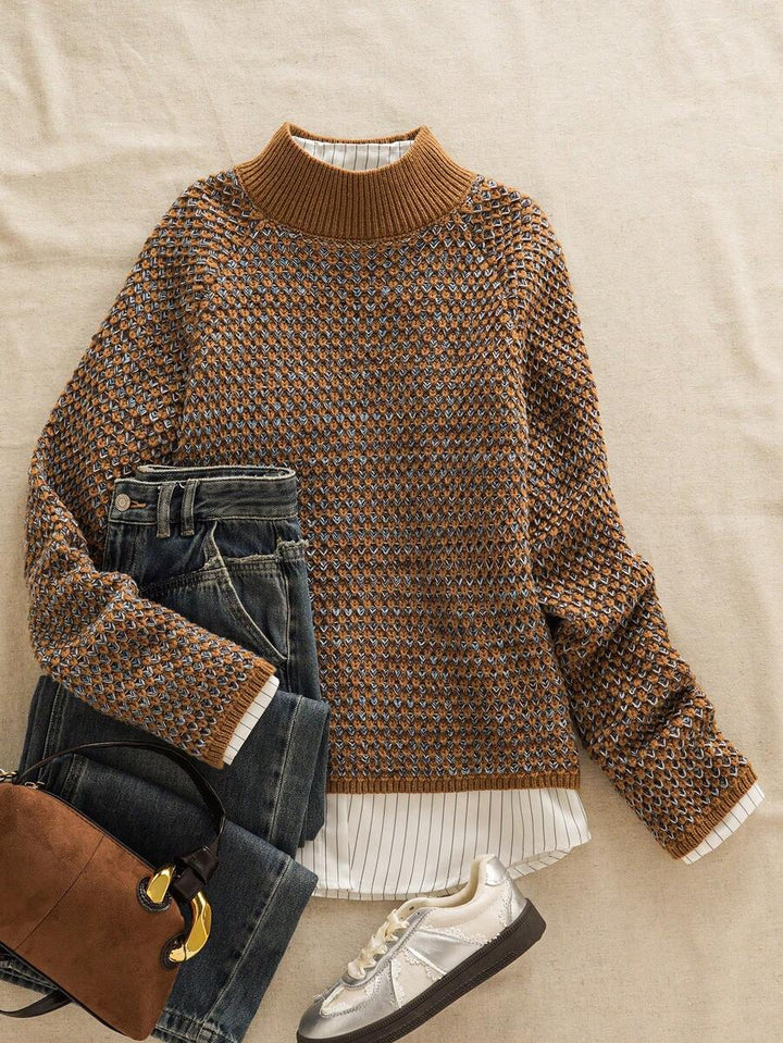 Women's Waffle Knit Sweater, Mock Neck Drop Shoulder Pullover