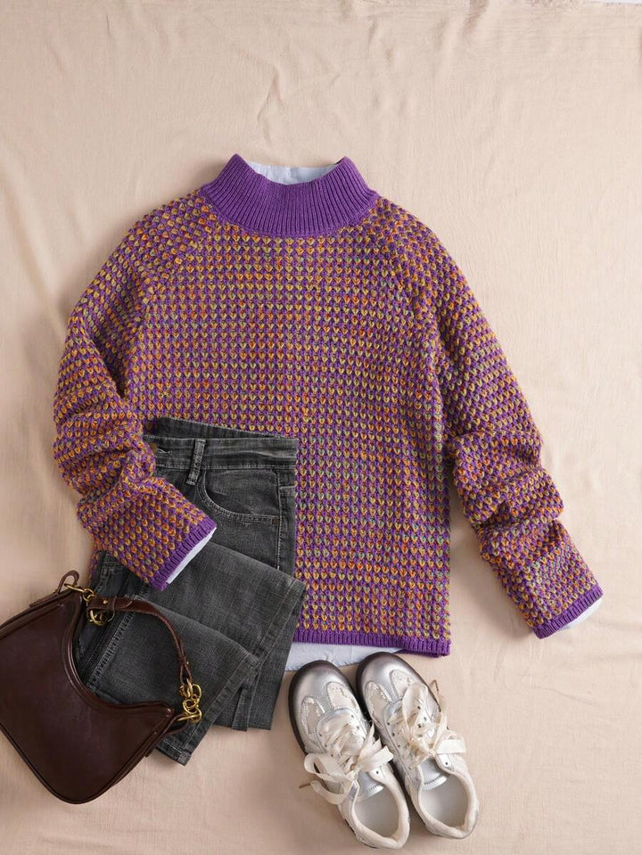 Women's Waffle Knit Sweater, Mock Neck Drop Shoulder Pullover