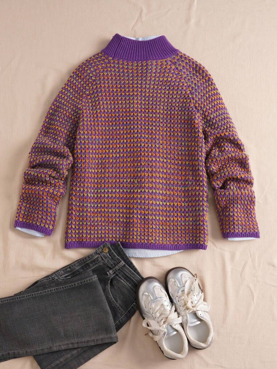 Women's Waffle Knit Sweater, Mock Neck Drop Shoulder Pullover
