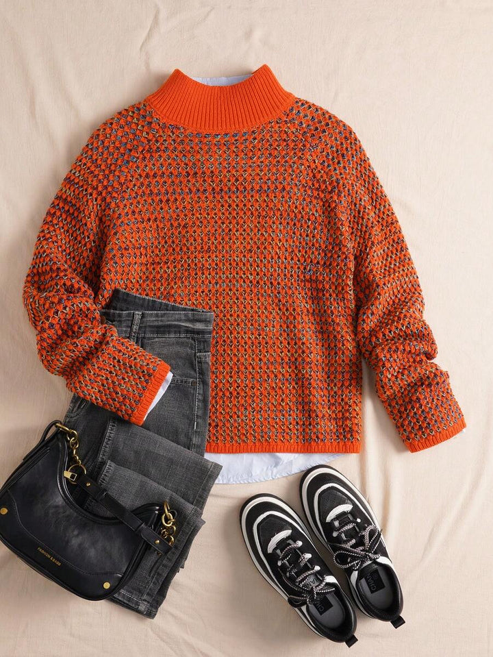 Women's Waffle Knit Sweater, Mock Neck Drop Shoulder Pullover