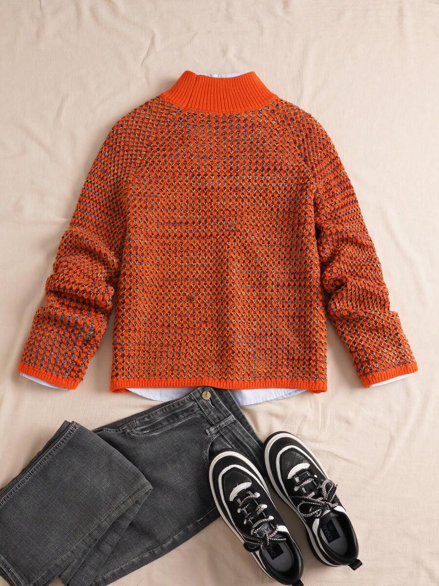 Women's Waffle Knit Sweater, Mock Neck Drop Shoulder Pullover