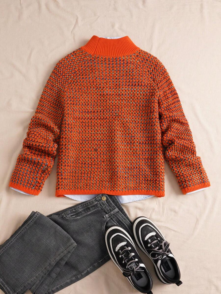 Women's Waffle Knit Sweater, Mock Neck Drop Shoulder Pullover