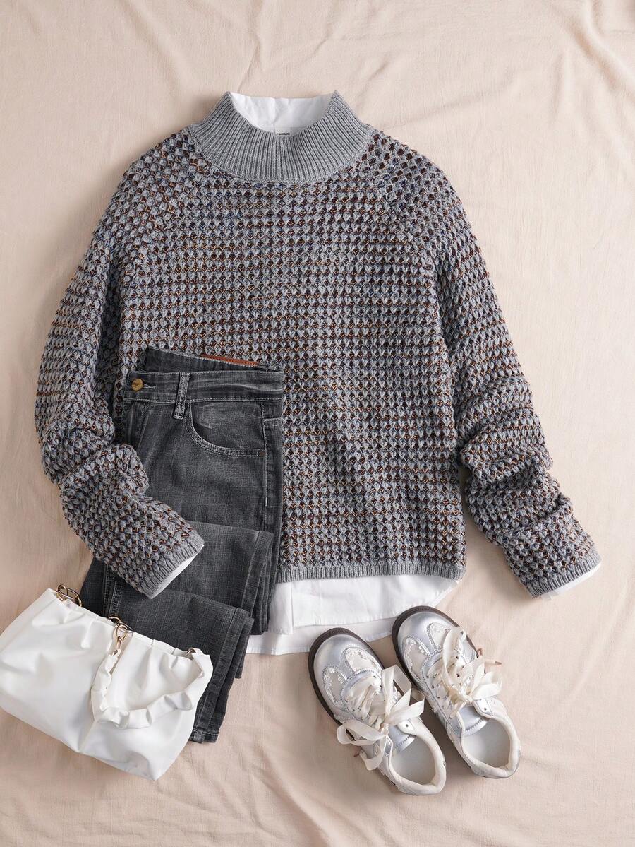 Women's Waffle Knit Sweater, Mock Neck Drop Shoulder Pullover
