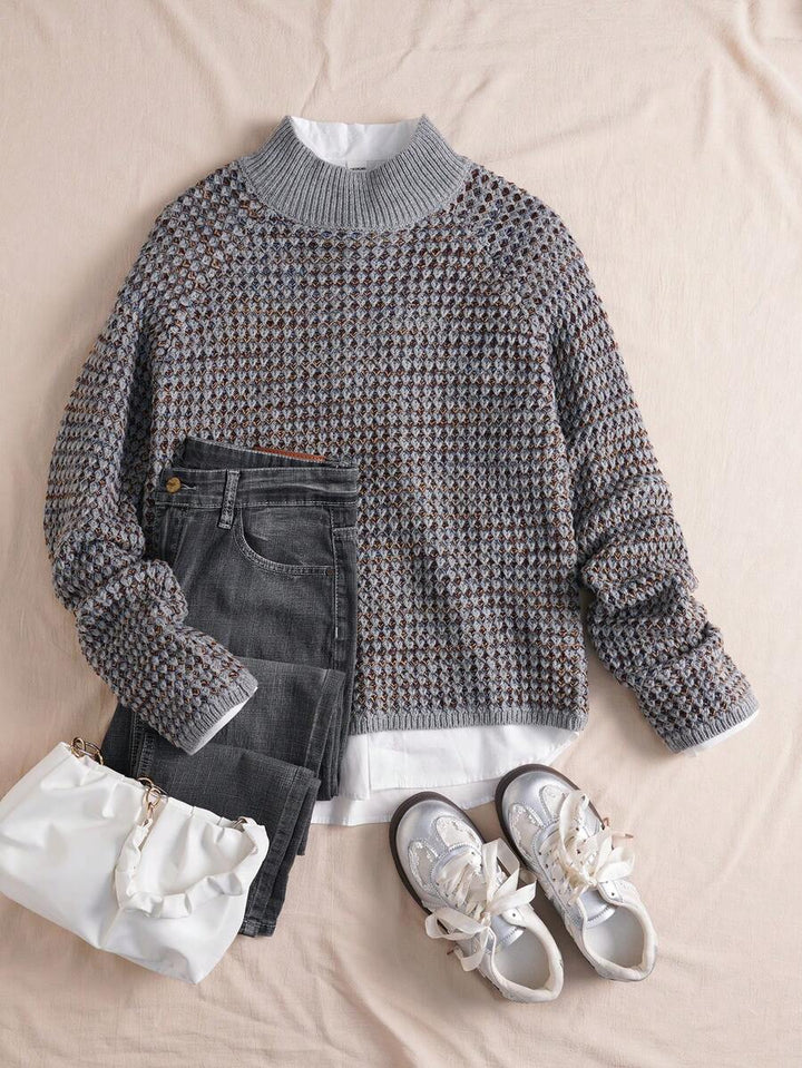Women's Waffle Knit Sweater, Mock Neck Drop Shoulder Pullover