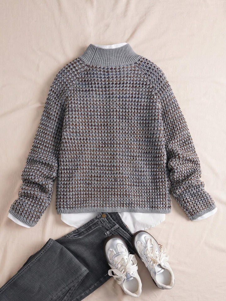 Women's Waffle Knit Sweater, Mock Neck Drop Shoulder Pullover