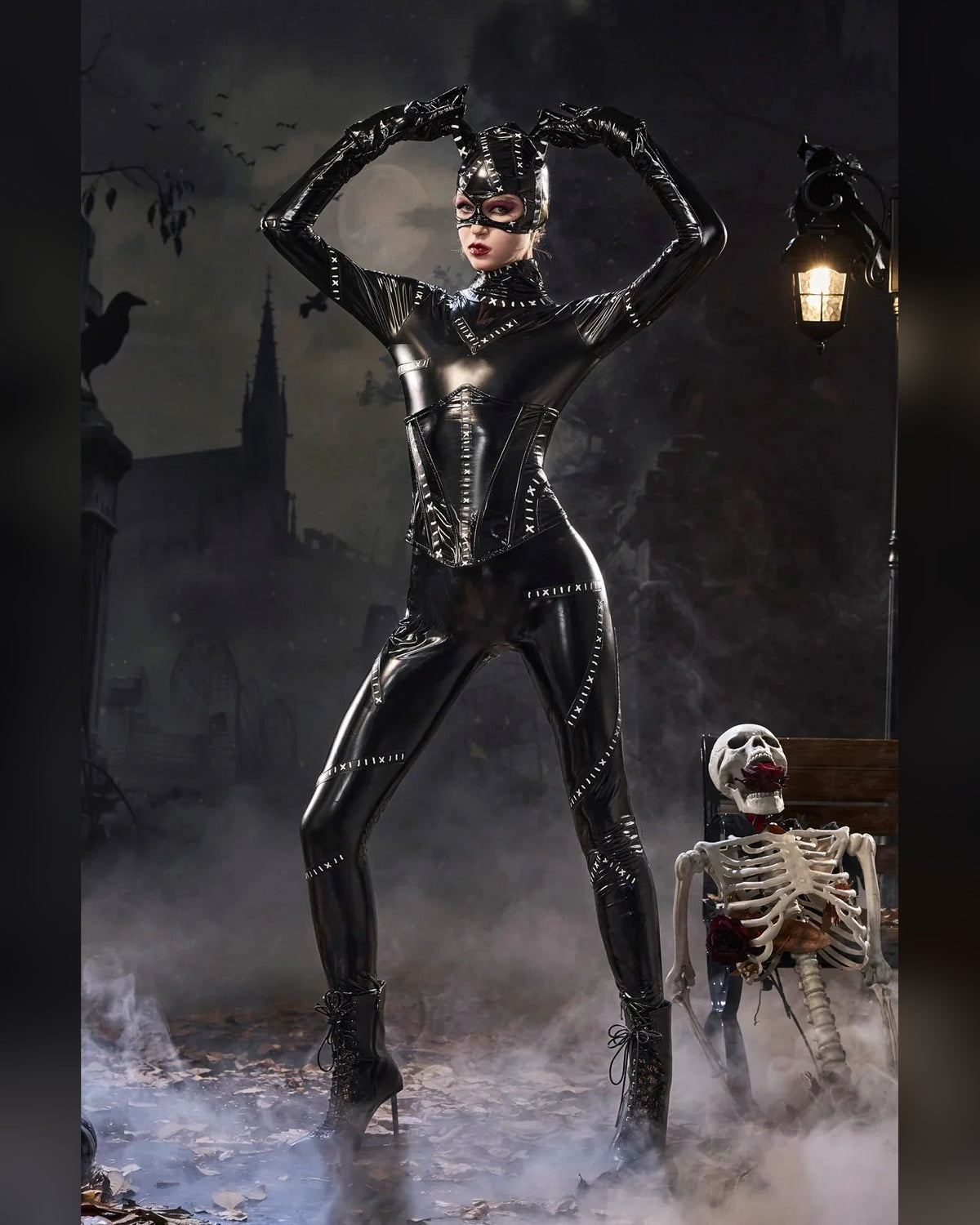 Women's glossy black cat catsuit costume set – front view