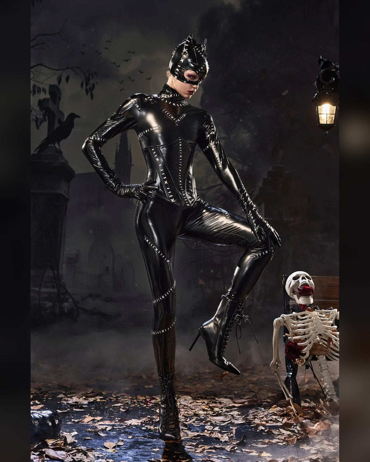 Women's glossy black cat catsuit costume set – styled pose