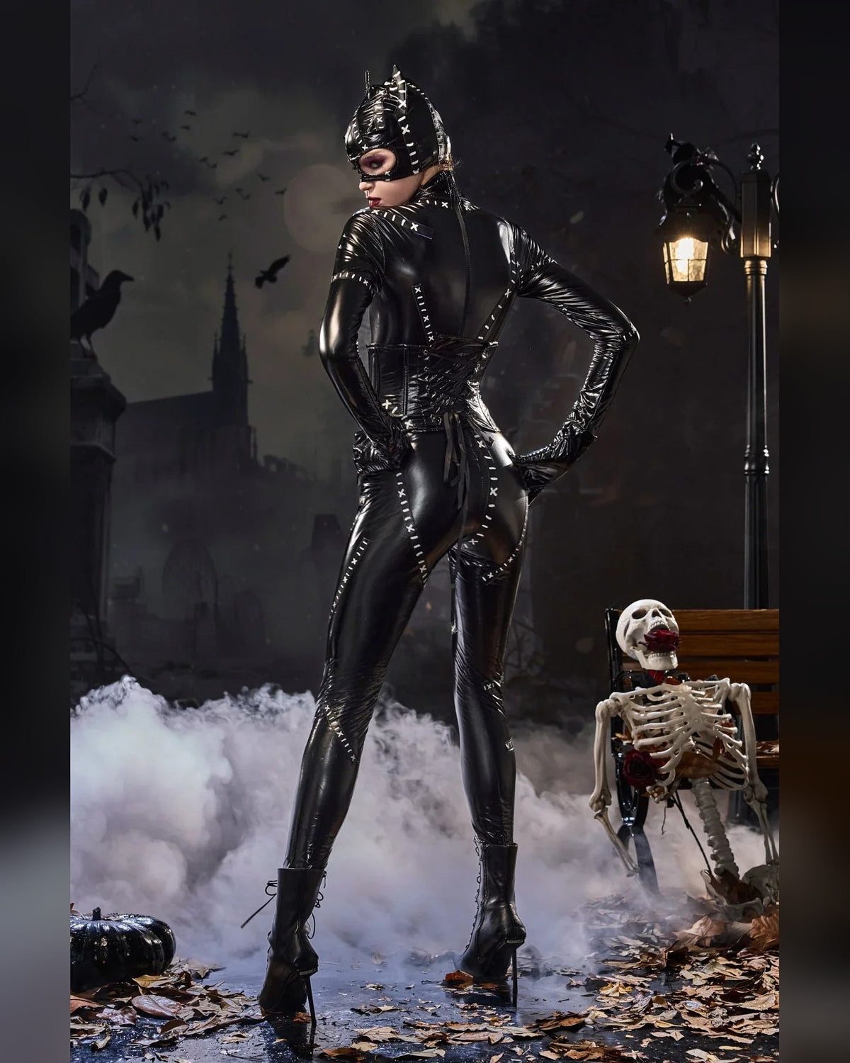 Women's glossy black cat catsuit costume set – back view