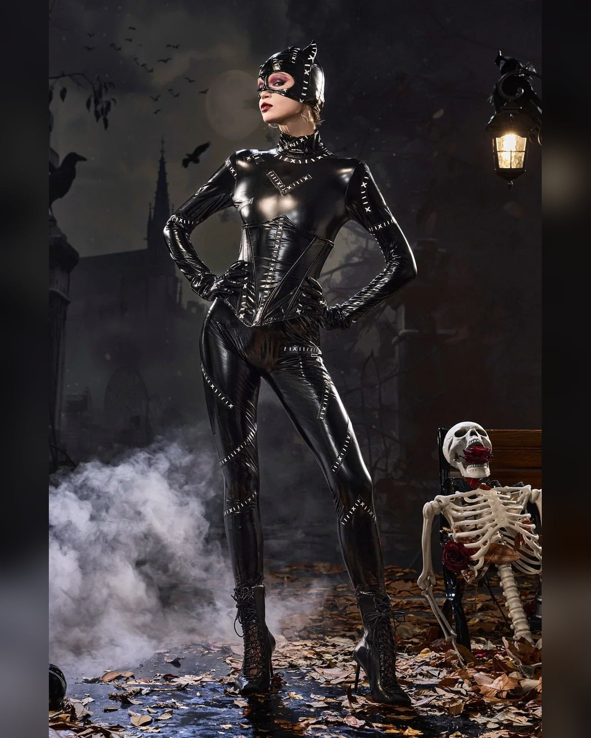 Women's glossy black cat catsuit costume set – full-length view