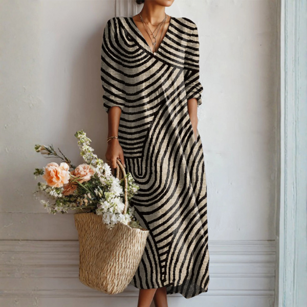 Women's Abstract Swirl Linen Midi Dress with Pockets in Multicolor