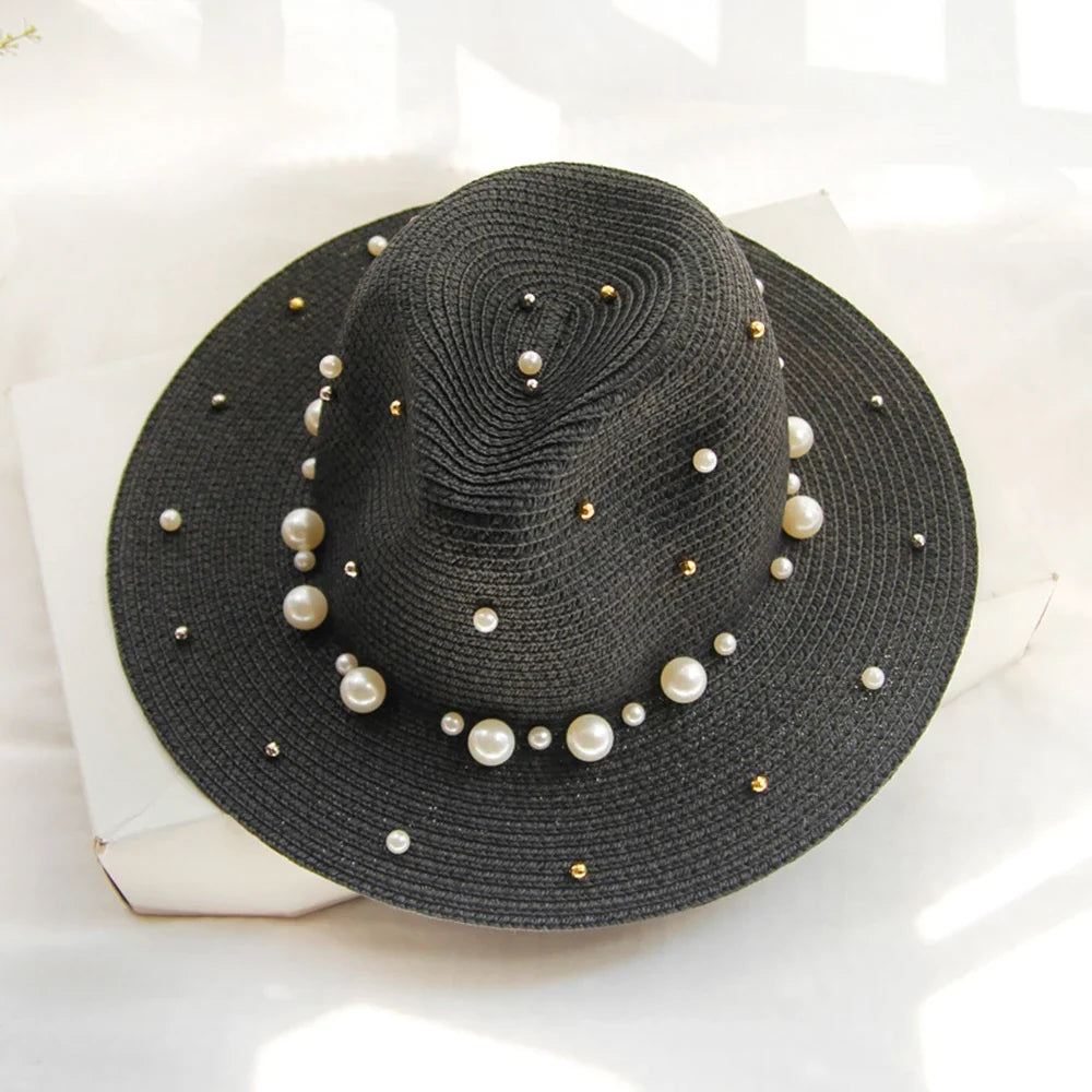 Women's Straw Fedora Sun Hat with Pearl Trim in Dusk
