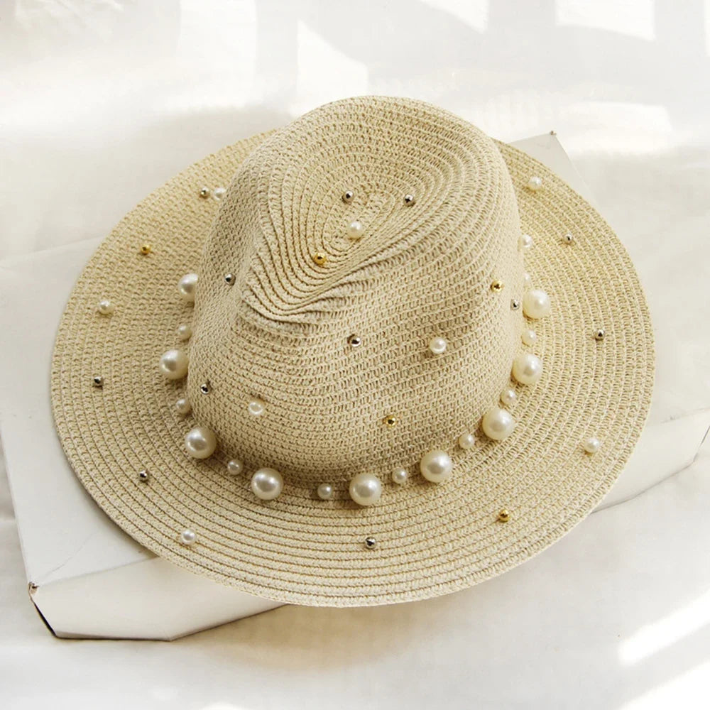 Women's Straw Fedora Sun Hat with Pearl Trim in Beige