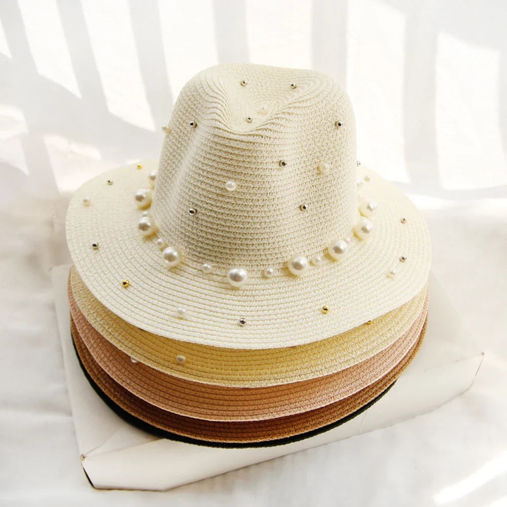 Women's Straw Fedora Sun Hat with Pearl Trim, view 5