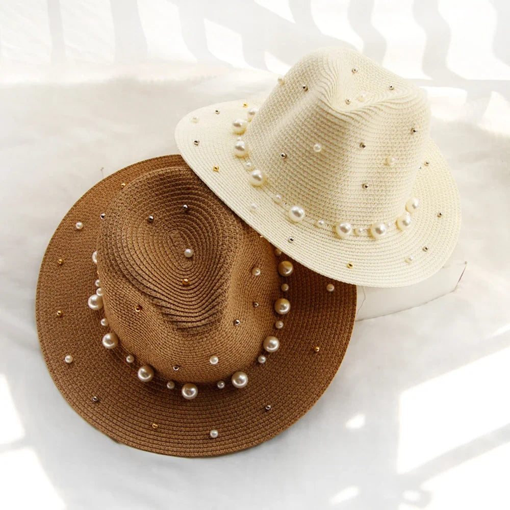Women's Straw Fedora Sun Hat with Pearl Trim, view 6