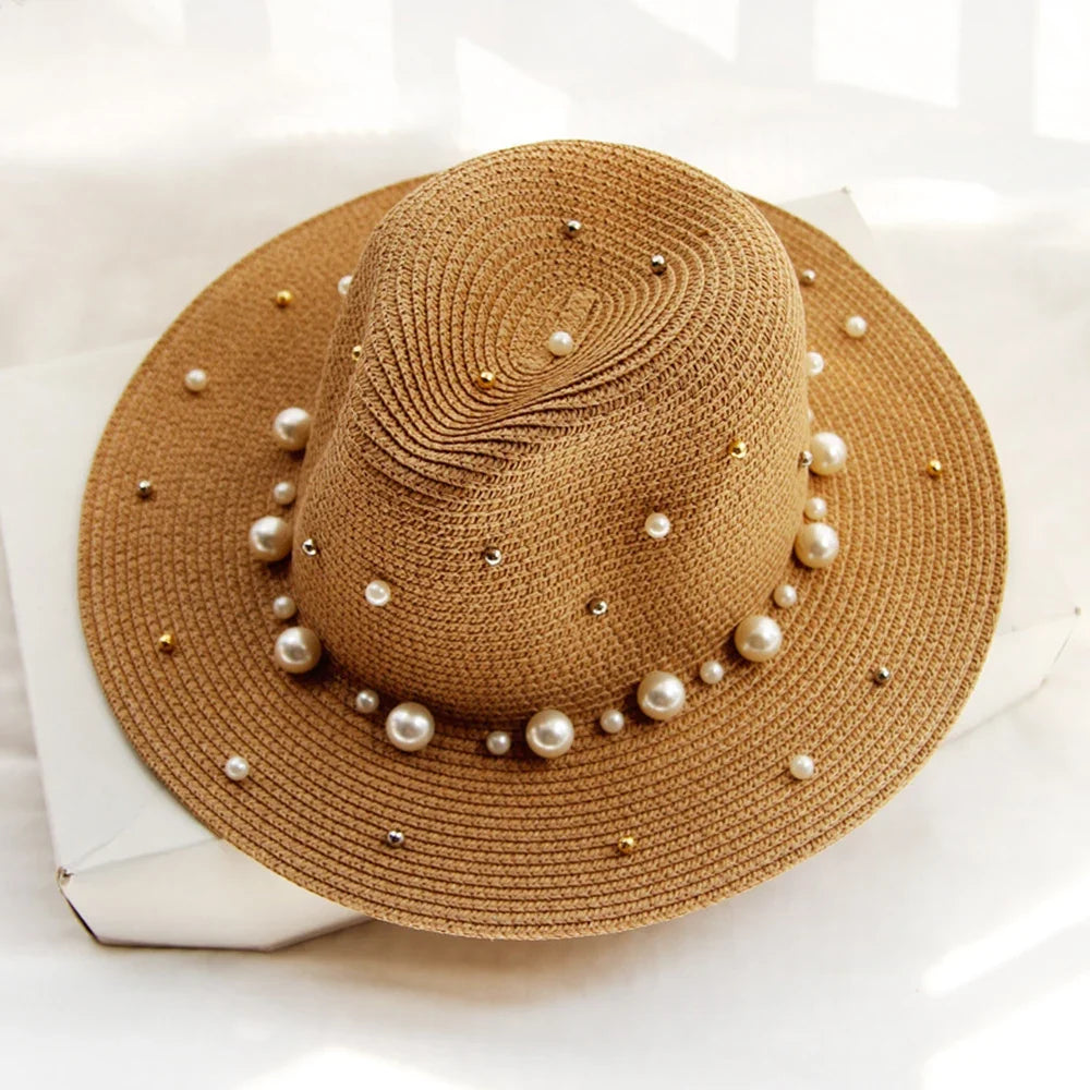 Women's Straw Fedora Sun Hat with Pearl Trim in Brown