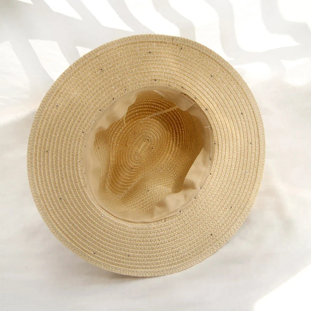 Women's Straw Fedora Sun Hat with Pearl Trim, view 4