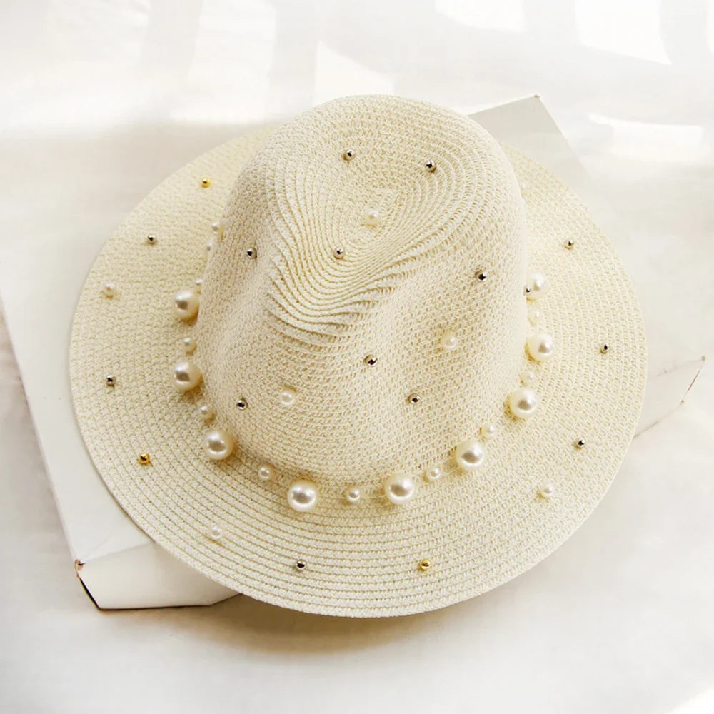 Women's Straw Fedora Sun Hat with Pearl Trim in Cream