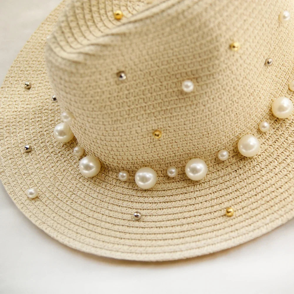 Women's Straw Fedora Sun Hat with Pearl Trim, view 3