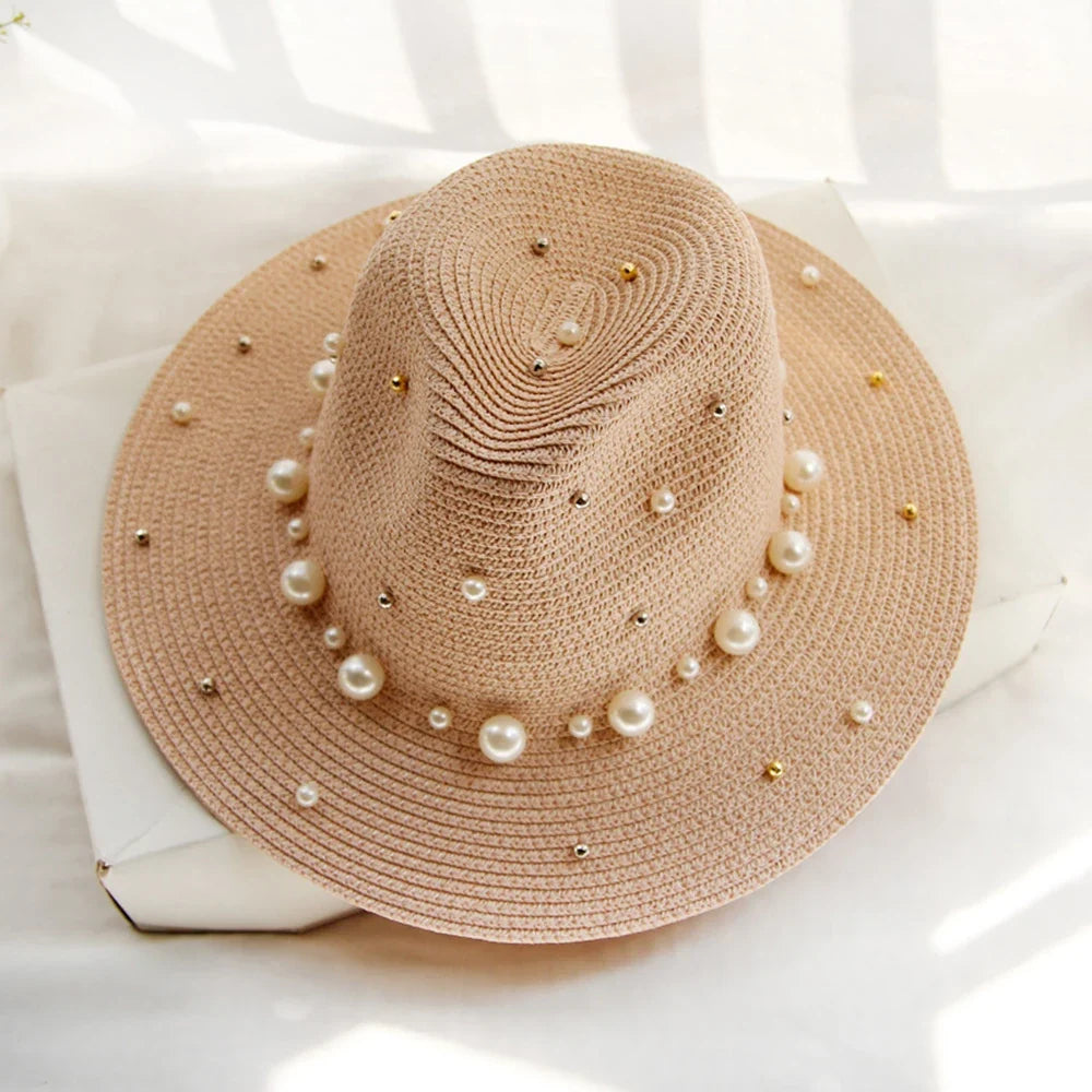 Women's Straw Fedora Sun Hat with Pearl Trim, view 2