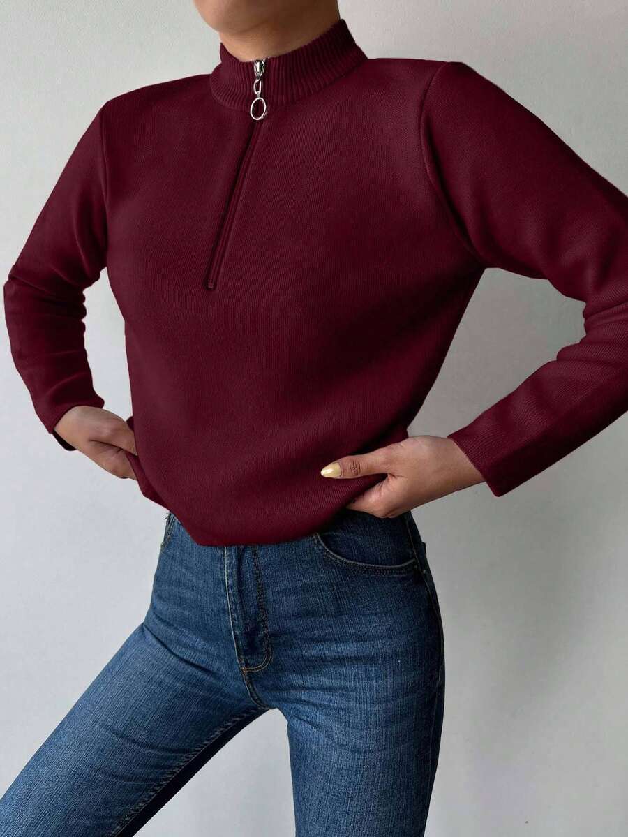 Women's Ribbed Half Zip Sweater, Mock Neck Quarter Zip Pullover
