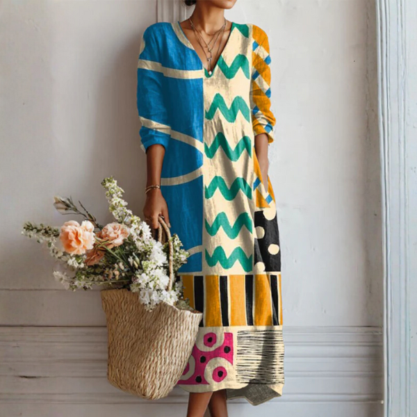 Mireille Abstract Print Linen Midi Dress with Pockets in Multicolor