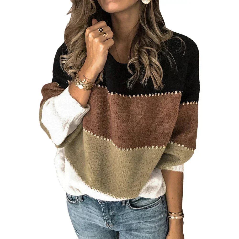 Women's Striped Sweater, Colorblock Knit Crew Neck Pullover
