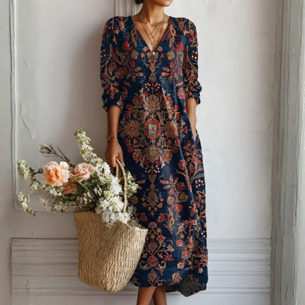 Women's Ornate Floral Linen Maxi Dress with Pockets in Multicolor
