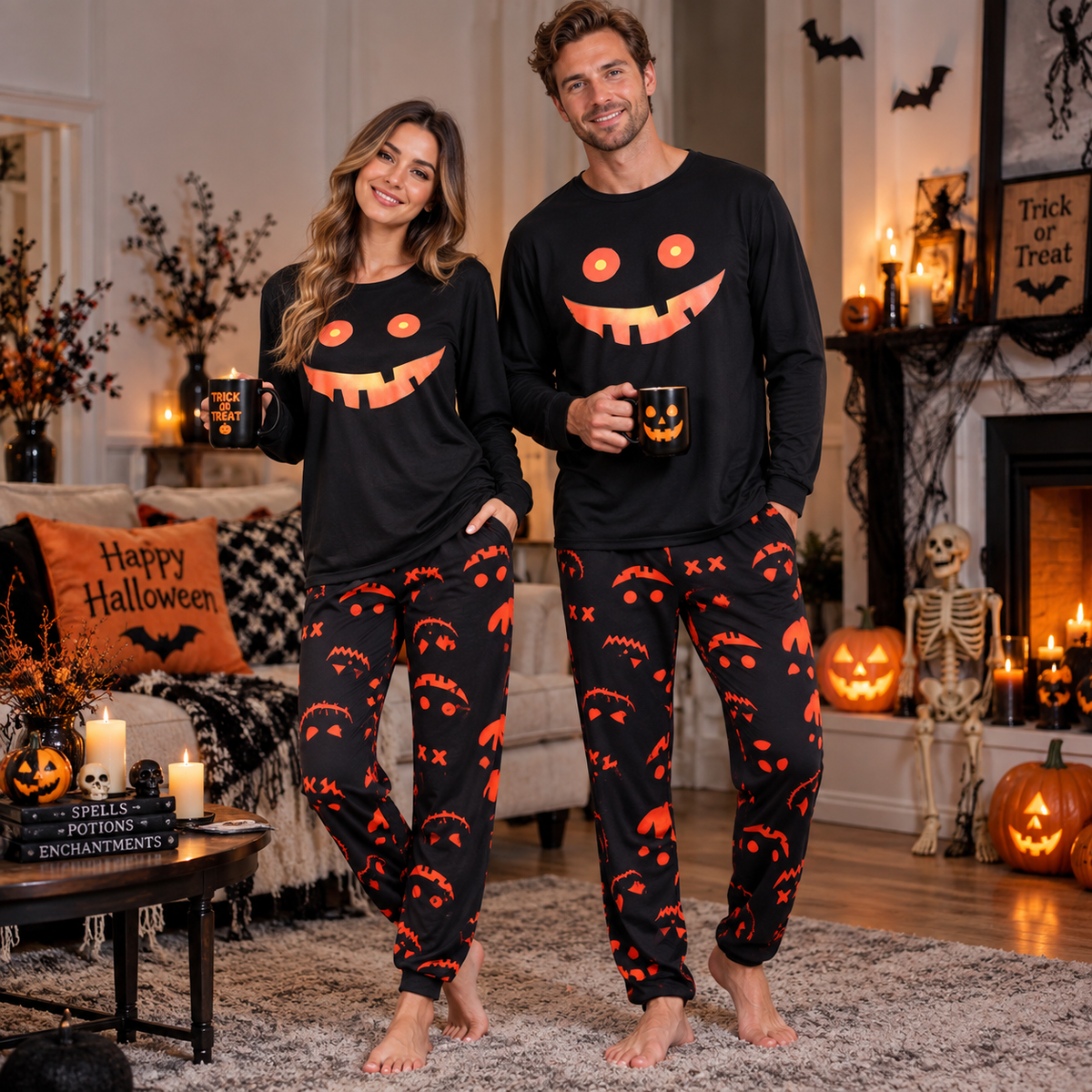 Jack O'Lantern Pumpkin Face Halloween Pajamas | Unisex Matching Set