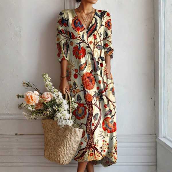 Women's Wrap V-Neck Linen Maxi Dress with Pockets in Multicolor