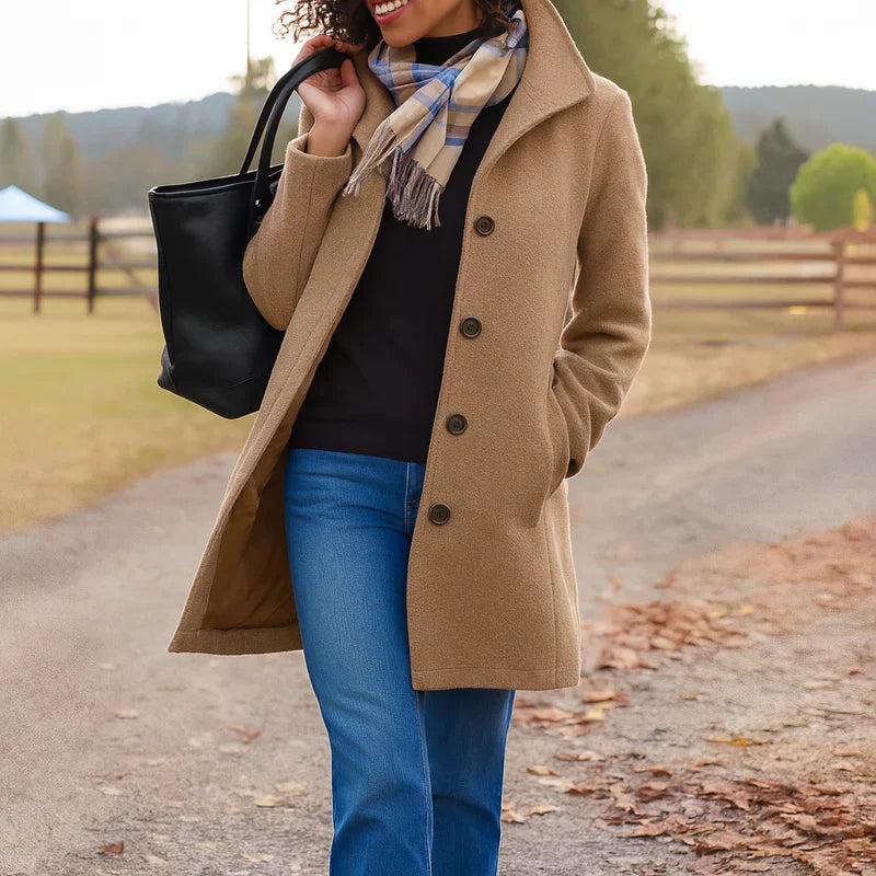 Women's Long Winter Coat, Button Front Straight Overcoat Outerwear