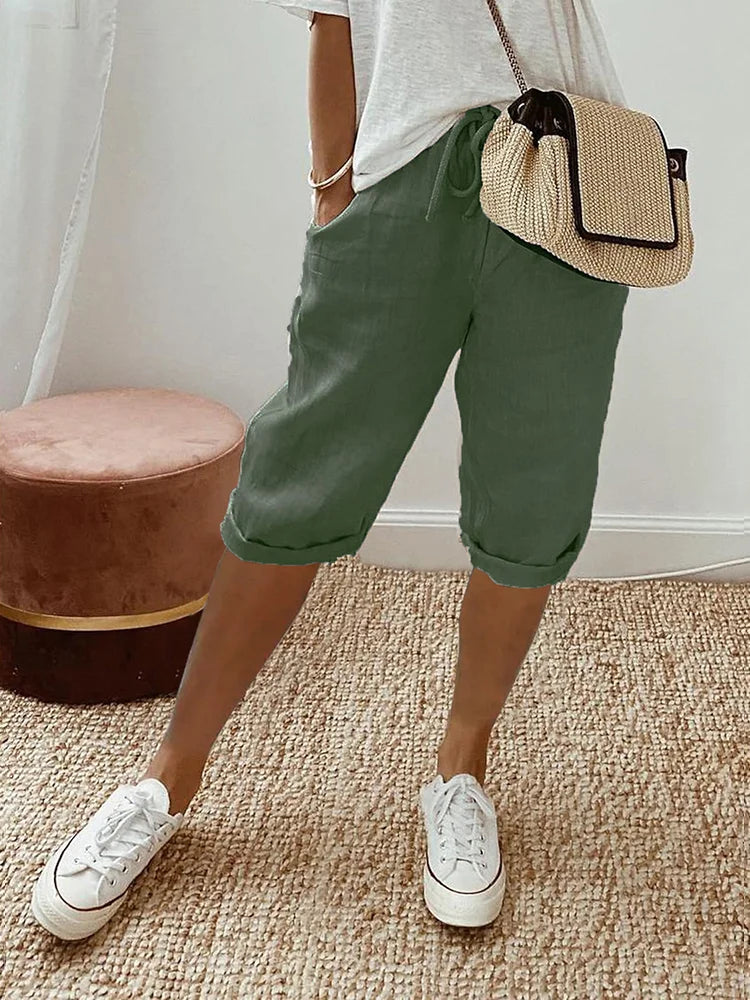 Women's Cotton Drawstring Summer Shorts with Pockets in Green