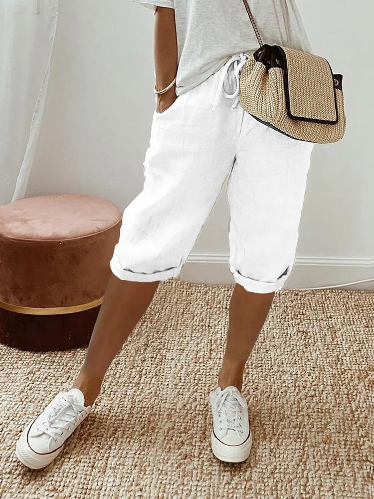 Women's Cotton Drawstring Summer Shorts with Pockets in White