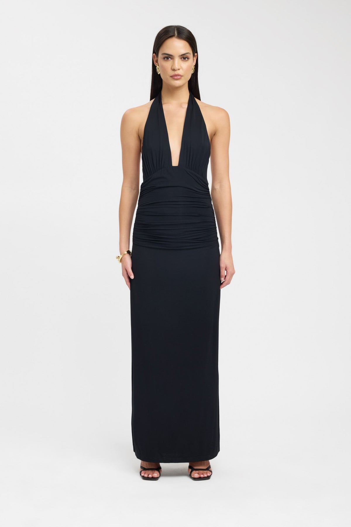 Women's Deep Halter Gathered Floor-Length Gown in Black
