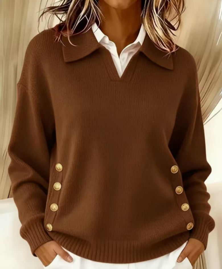 Women's Collared V-Neck Stretch Knit Sweater with Side Buttons in Brown