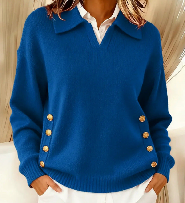 Women's Collared V-Neck Stretch Knit Sweater with Side Buttons in Blue