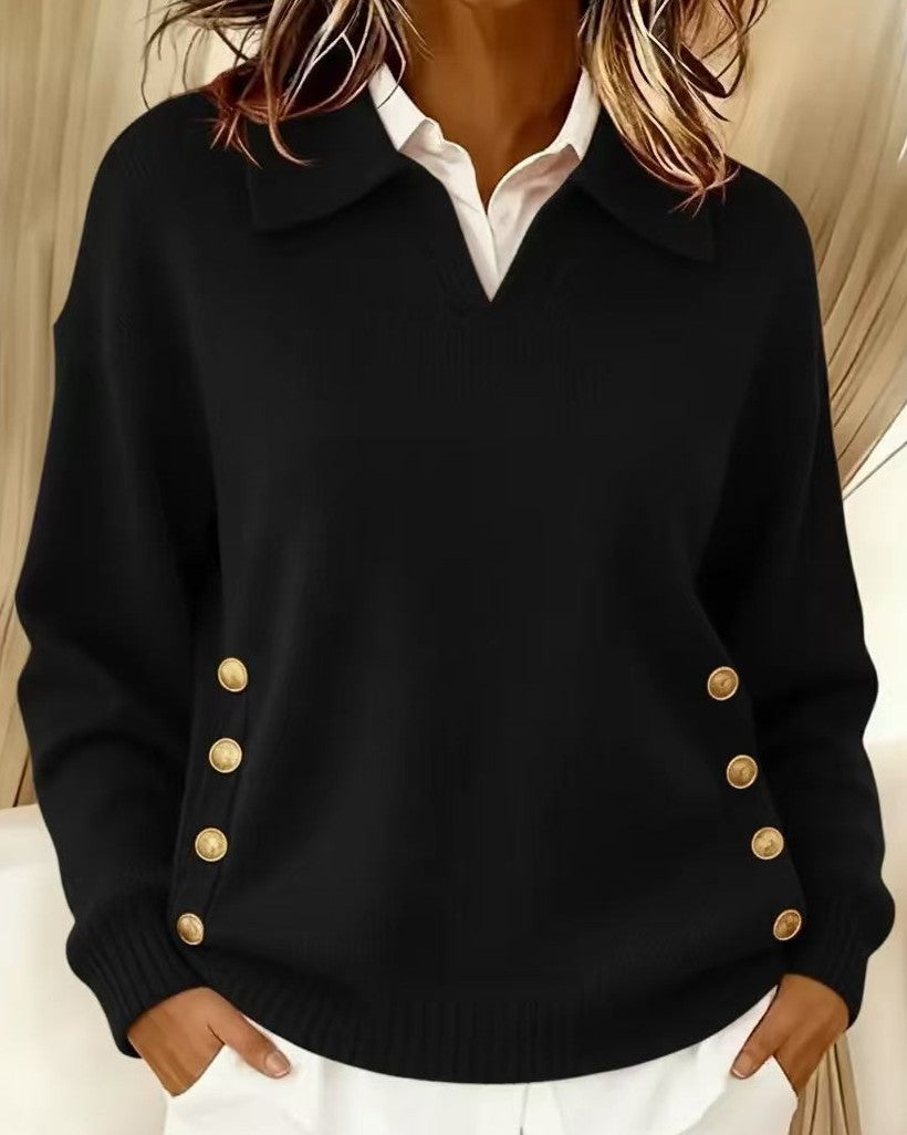 Women's Collared V-Neck Stretch Knit Sweater with Side Buttons in Black