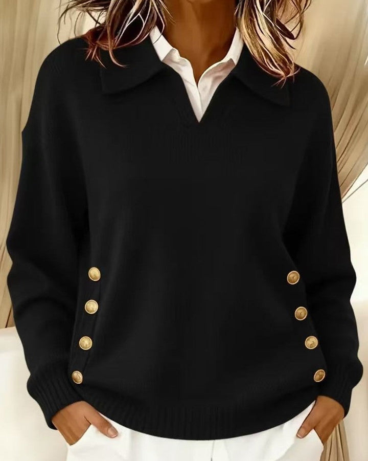 Women's Collared V-Neck Sweater, Button Detail Stretch Knit Pullover