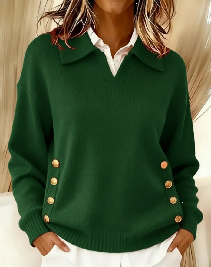 Women's Collared V-Neck Sweater, Button Detail Stretch Knit Pullover